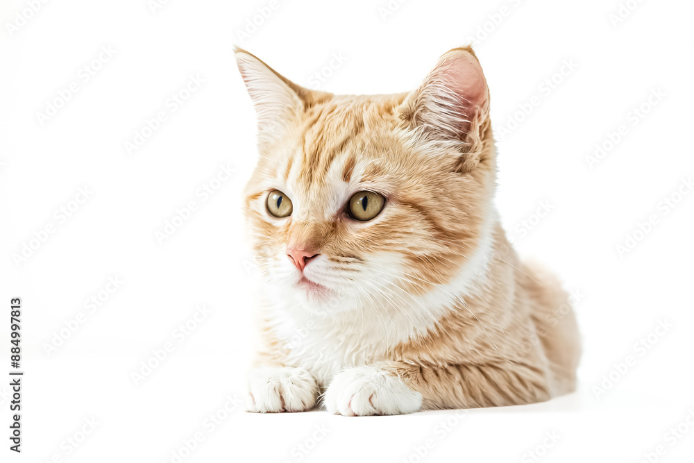 Fototapeta premium Cute ginger cat lying on a white background