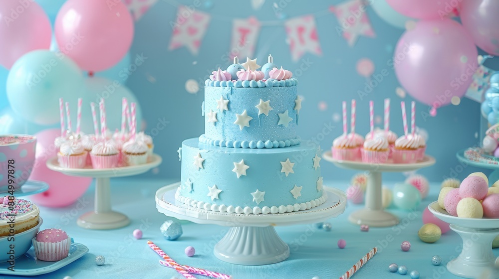 A birthday table covered in a light blue tablecloth, adorned with a two-tier cake and surrounded by pastel party items and balloons A birthday table covered in a light blue tablecloth, adorned with a two-tier cake and surrounded by pastel party items and balloons