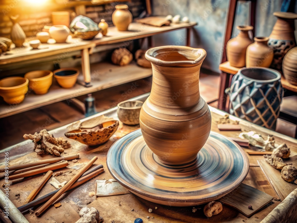 Delicately shaped wet clay vase takes form on a potter's wheel, surrounded by scattered tools and fragmented sketches, amidst a creative chaos of artistic expression. Delicately shaped wet clay vase takes form on a potter's wheel, surrounded by scattered tools and fragmented sketches, amidst a creative chaos of artistic expression.