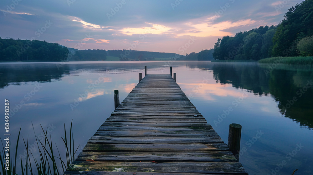 Obraz premium A wooden pier extends over a serene lake, creating an idyllic setting for leisure and relaxation. It is a perfect vacation destination for nature lovers and tourists.