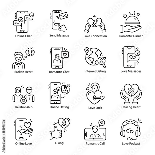Pack of 16 Online Dating Linear Icons 


