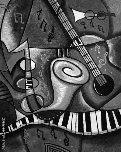 black and white impressionism masterpieces painter contemporary art oil painting imagination abstract musical instruments melody music tone geometric shape geometry artworks exhibited vintage gallery