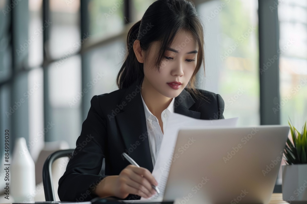 Happy young woman using laptop sitting at desk writing notes while watching webinar, studying online, having virtual call meeting remote working from home - generative ai Happy young woman using laptop sitting at desk writing notes while watching webinar, studying online, having virtual call meeting remote working from home - generative ai