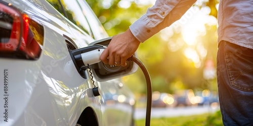 An eco-friendly vehicle is recharging at a charging station as a hand connects the white power cord to it against a natural backdrop.