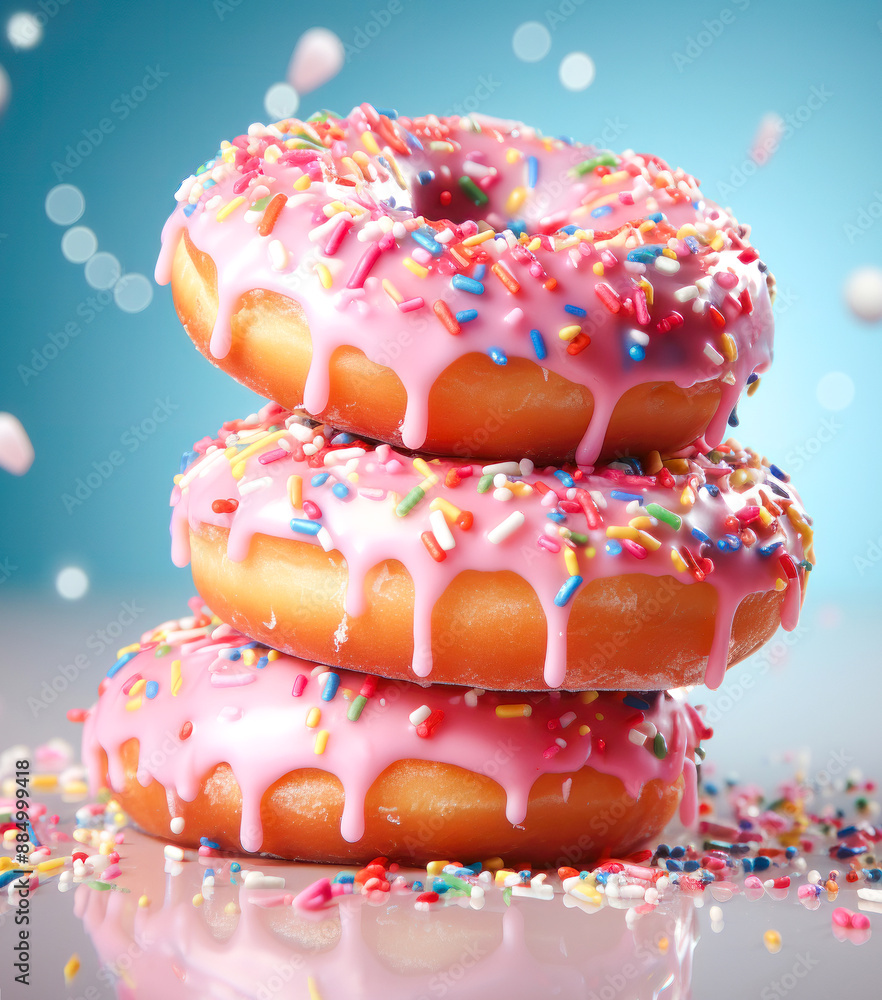 Donut delicious 3D close up, decorated cutout minimal on blue background. Ultra realistic donut, icon, detailed. Grocery product advertising. Donut delicious 3D close up, decorated cutout minimal on blue background. Ultra realistic donut, icon, detailed. Grocery product advertising.