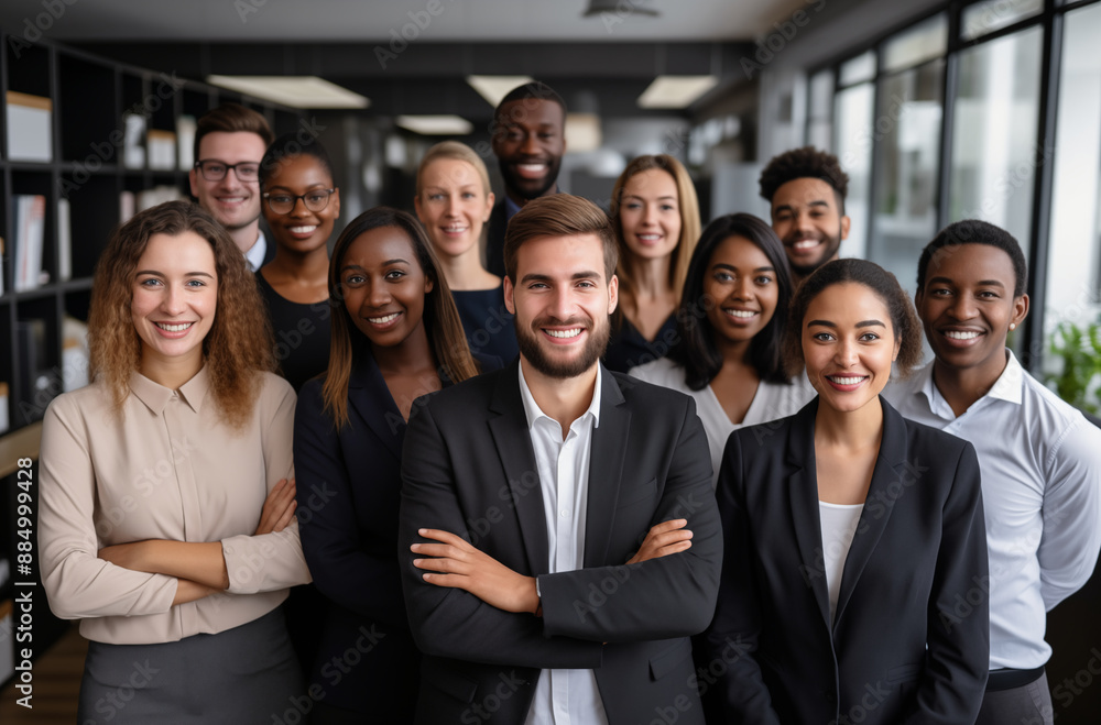 Diverse Group Of Professionals Smiling Confidently In An Office Setting With Shelves In The Background Diverse Group Of Professionals Smiling Confidently In An Office Setting With Shelves In The Background