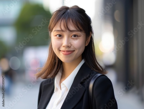 A woman in a business suit stands in front of a tall building  smiling
