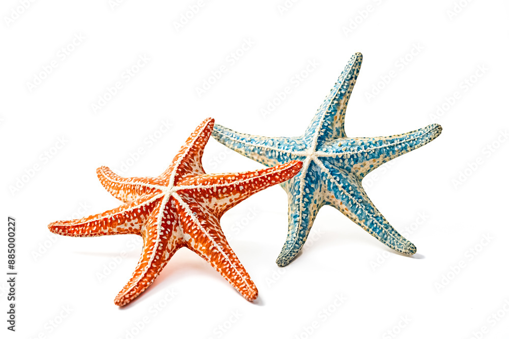 Orange and Blue Starfish on White Background Orange and Blue Starfish on White Background