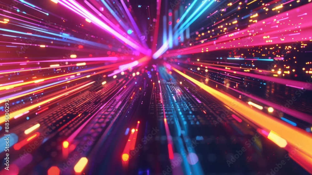 Futuristic high-speed light flowing through cyberspace network: abstract illustration of advanced information technology data center with dynamic light effects and glowing network connections
Futuristic high-speed light flowing through cyberspace network: abstract illustration of advanced information technology data center with dynamic light effects and glowing network connections