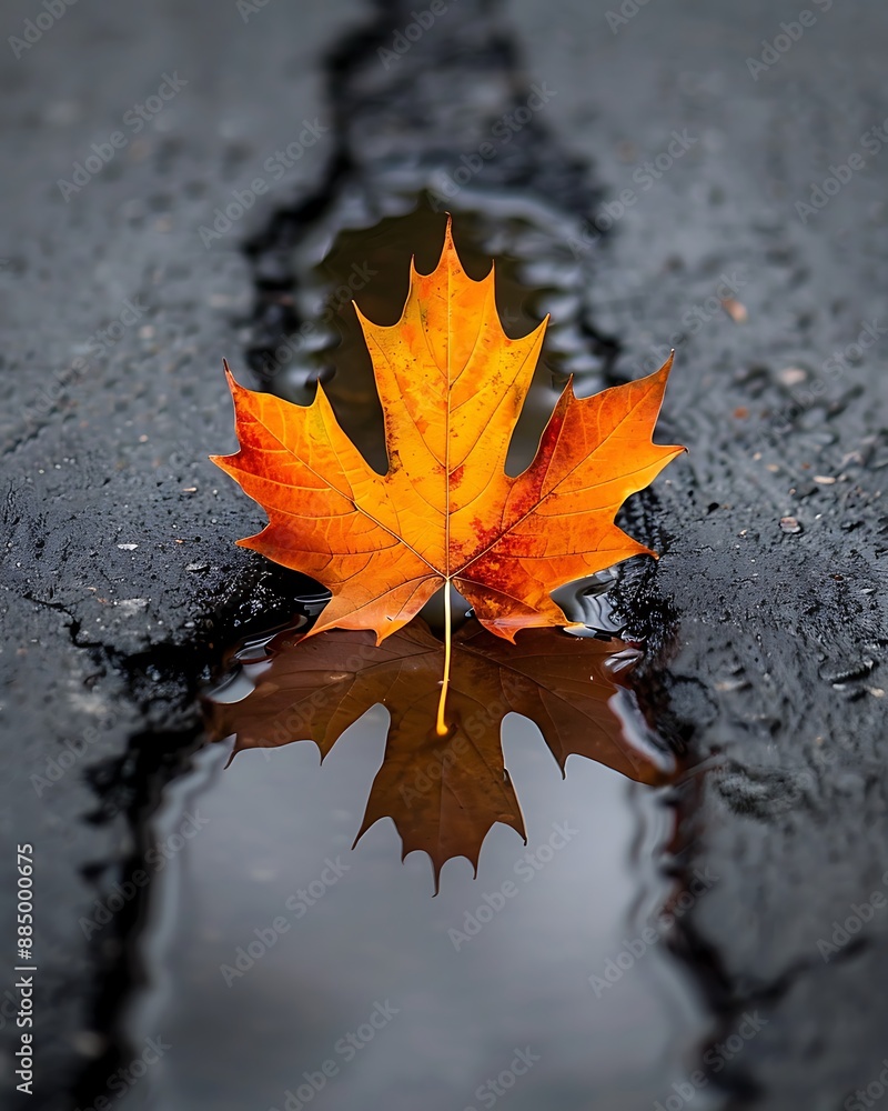 Beautiful autumn leaf in a puddle, more clarity with clear light and sharp focus, high detailed