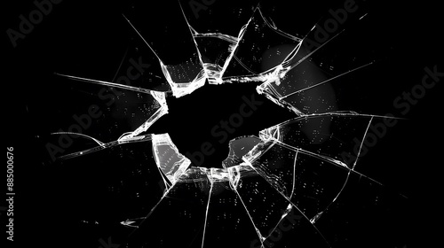 Black background, broken glass with cracks and holes, white silhouette of a cracked windows, minimalistic style, texture of broken glass	