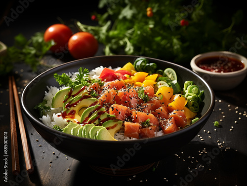 Hawaiian poke bowl with tuna, salmon avocado, rice, tomato, mango. Photo for restaurant menu, advertising, delivery, banner