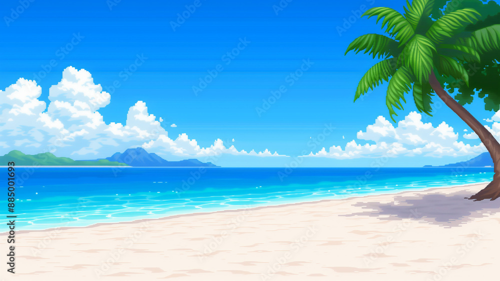 Pixel art illustration of a beach with a palm tree, blue ocean, and distant islands under a clear sky.
Pixel art illustration of a beach with a palm tree, blue ocean, and distant islands under a clear sky.