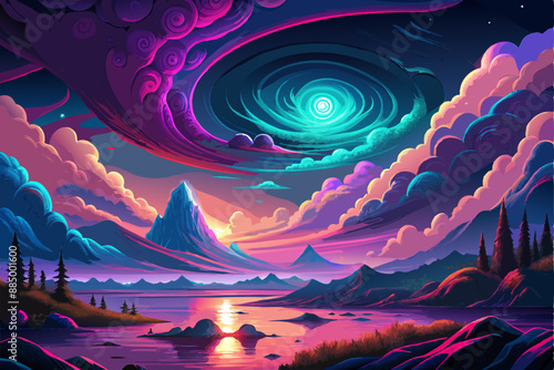 Colorful painting of a lake, mountains in the background, swirl in the sky