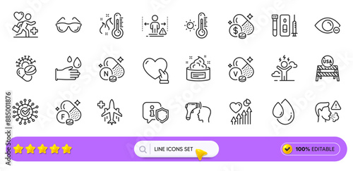 Weather thermometer, Rubber gloves and Cough line icons for web app. Pack of Coronavirus, Difficult stress, High thermometer pictogram icons. Vanadium mineral, Eyeglasses, Volunteer signs. Vector