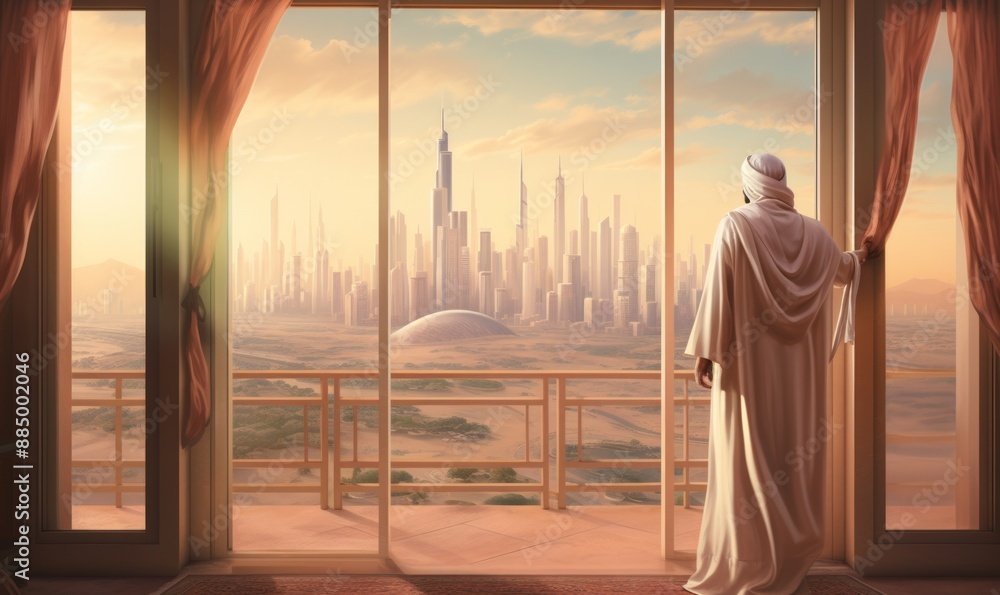 Rear view of Muslim man in white robe looking at the city Rear view of Muslim man in white robe looking at the city