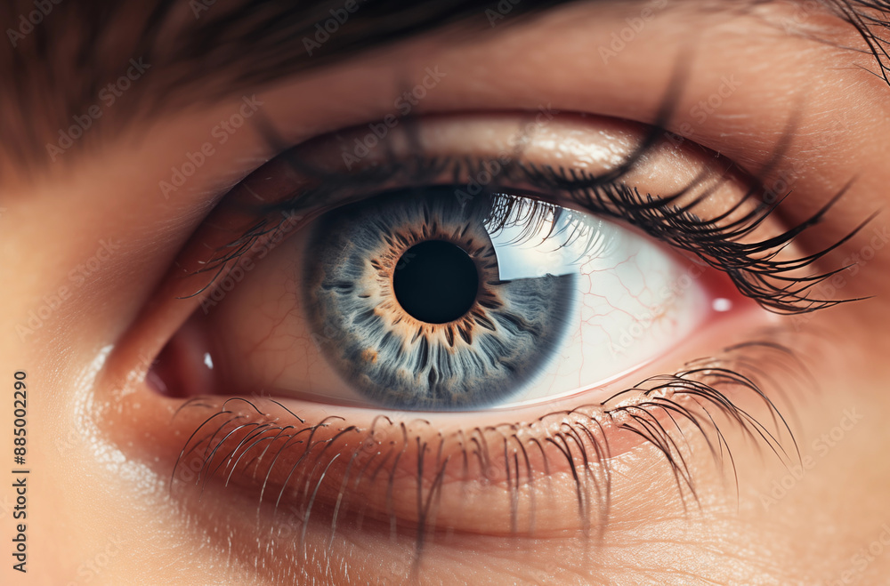 Extreme Closeup of Blue Human Eye Showing Detailed Iris Patterns and Reflective Light on Eyeball Extreme Closeup of Blue Human Eye Showing Detailed Iris Patterns and Reflective Light on Eyeball