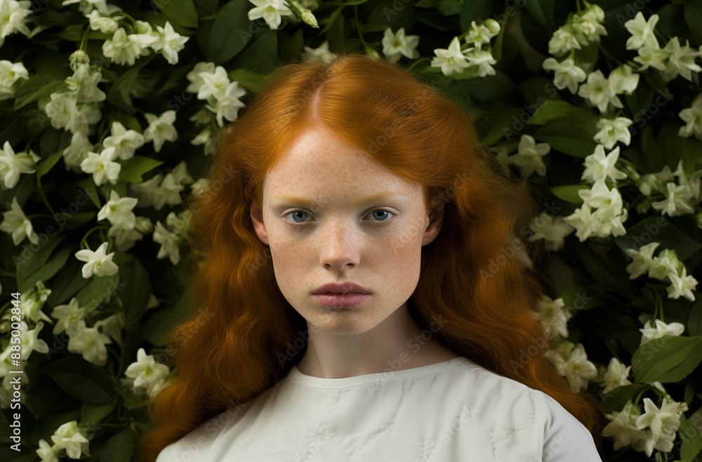 Naklejka premium Portrait Of Redheaded Woman With Freckles Surrounded By White Flowers In Green Garden