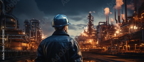 Industrial worker in front of oil refinery plant at night time.