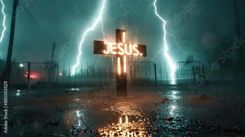 Conceptual photography of a cross bearing the illuminated name 