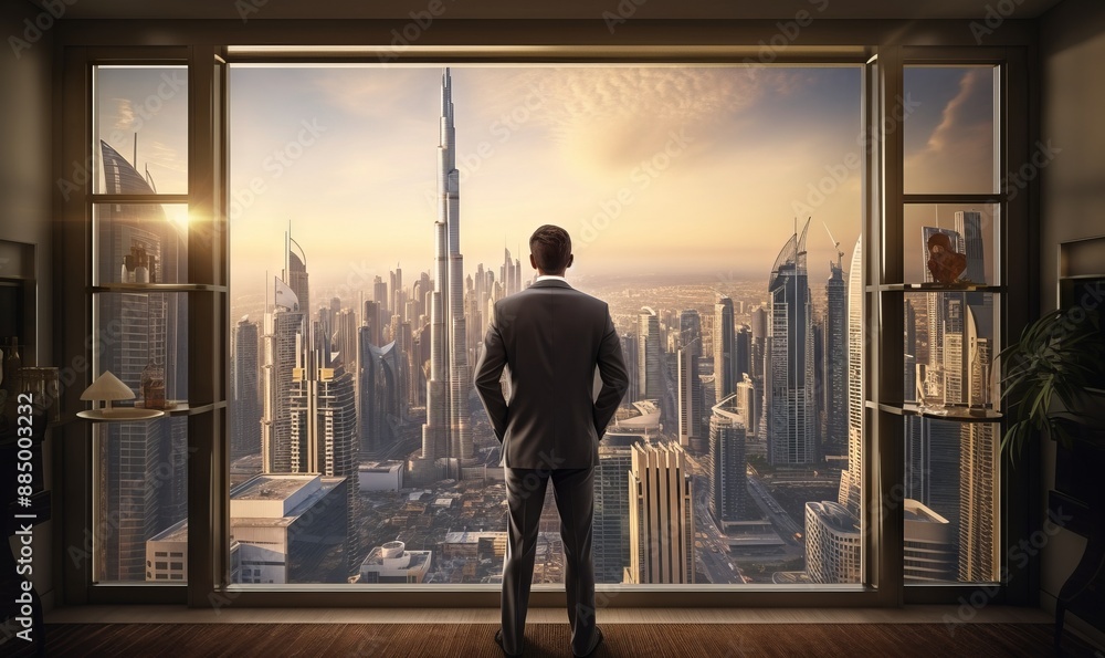 Rear view of businessman looking at skyscrapers from the window Rear view of businessman looking at skyscrapers from the window