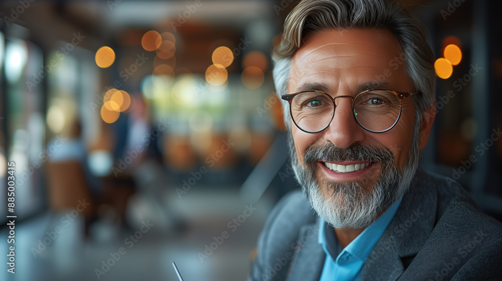 Portrait of a cheerful senior businessman with glasses in a modern office environment. Corporate branding, professional networking, business portraits, executive profiles, workplace culture concept.