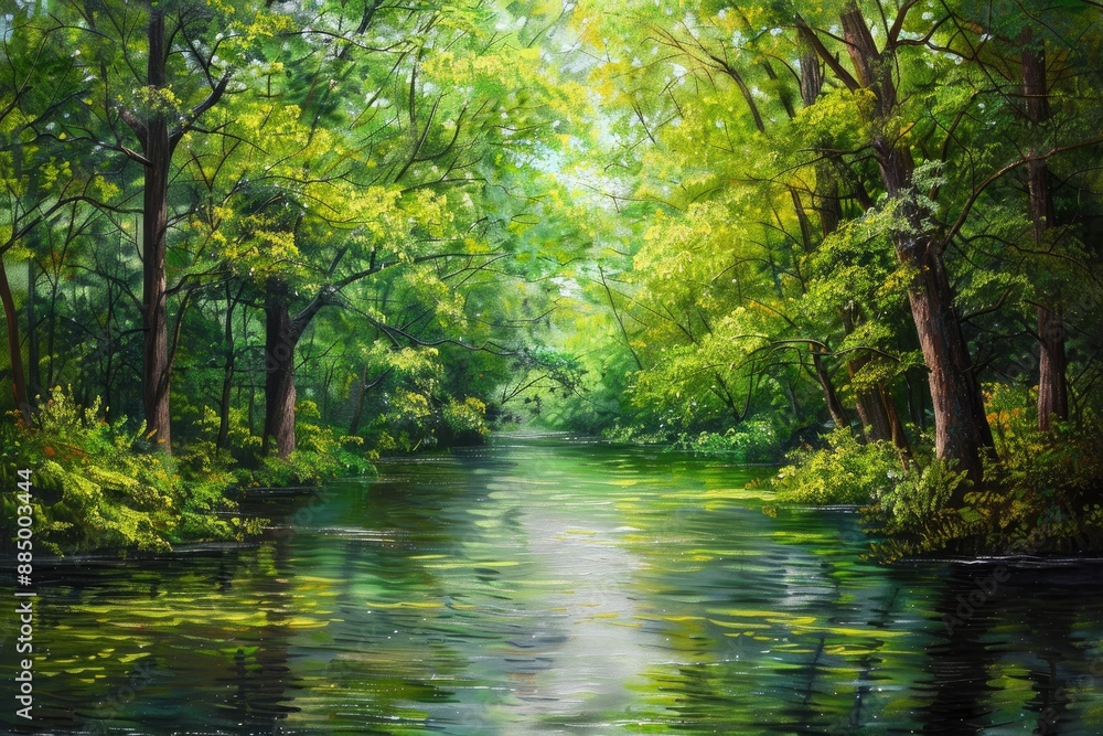 Mysterious mountainous jungle with river and rocks. Wild, vivid vegetation of tropical forest., generative ai Mysterious mountainous jungle with river and rocks. Wild, vivid vegetation of tropical forest., generative ai