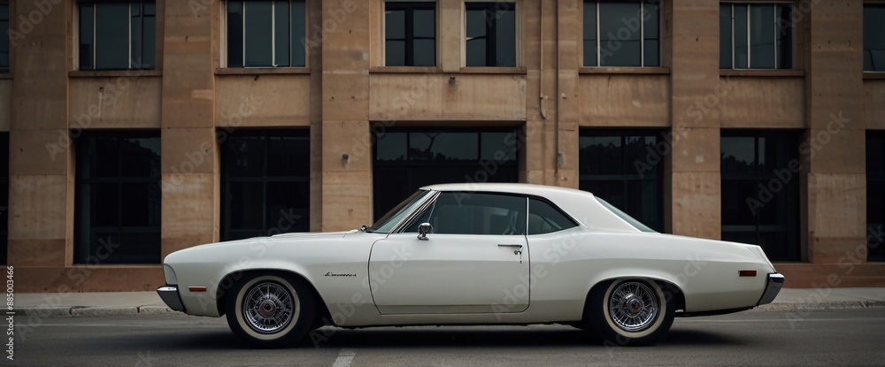 classic car facing the camera, minimalist, deadpan, banal, cool, clinical, urban, iconic, conceptual, subversive, sparse, restrained, symbol classic car facing the camera, minimalist, deadpan, banal, cool, clinical, urban, iconic, conceptual, subversive, sparse, restrained, symbol