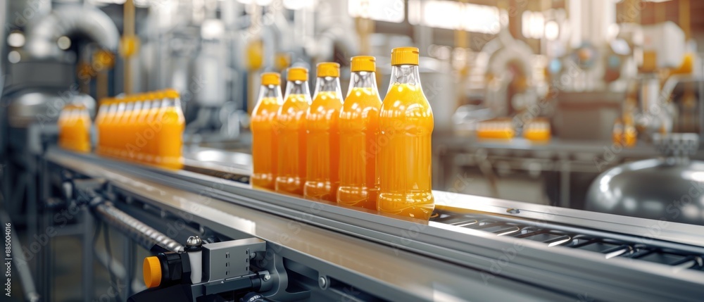 Automatic line for packing juices into glass or plastic containers. Beverage production. Bottling plant. Bottles on a factory conveyor belt. Illustration for cover, banner, brochure or presentation Automatic line for packing juices into glass or plastic containers. Beverage production. Bottling plant. Bottles on a factory conveyor belt. Illustration for cover, banner, brochure or presentation