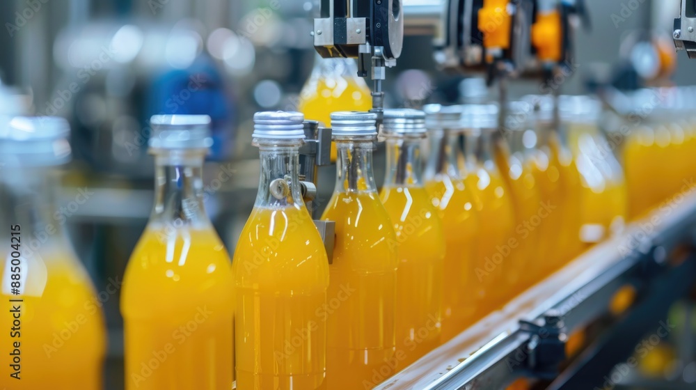Automatic line for packing juices into glass or plastic containers. Beverage production. Bottling plant. Bottles on a factory conveyor belt. Illustration for cover, banner, brochure or presentation Automatic line for packing juices into glass or plastic containers. Beverage production. Bottling plant. Bottles on a factory conveyor belt. Illustration for cover, banner, brochure or presentation
