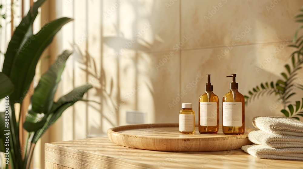 Timber stand for bath and wellness items in blurred restroom. Timber stand for bath and wellness items in blurred restroom.