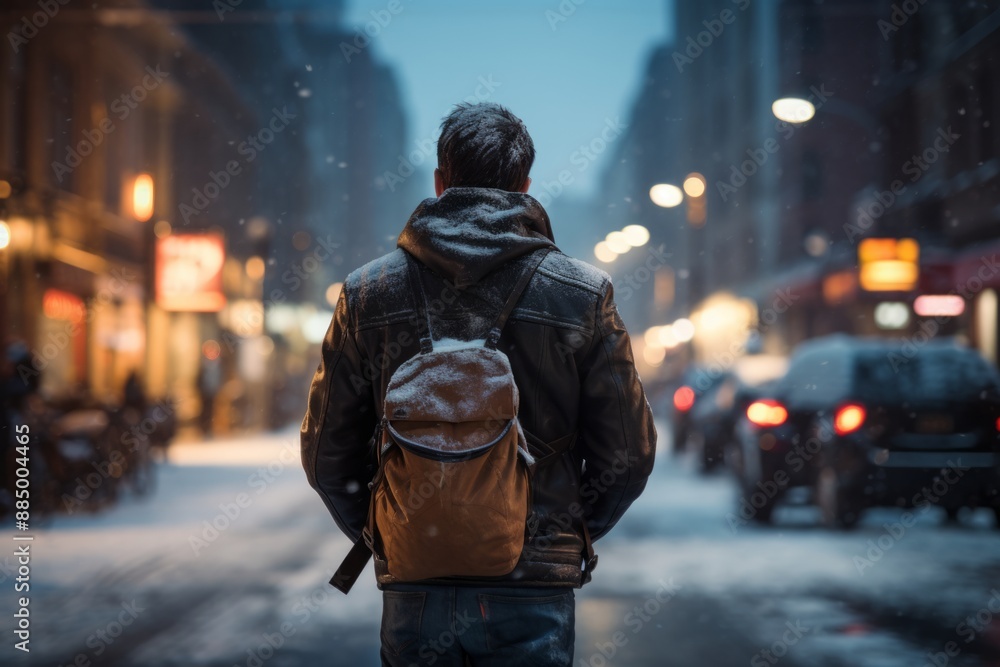 Man in a hooded sweatshirt with a backpack walks along the street at night. Man in a hooded sweatshirt with a backpack walks along the street at night.