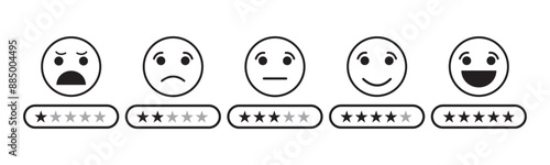 Feedback star rating emoji icon set. Five-star rating emoji icon set. Emoji feedback scale with stars line icon. Rating emojis set in black color outline., 