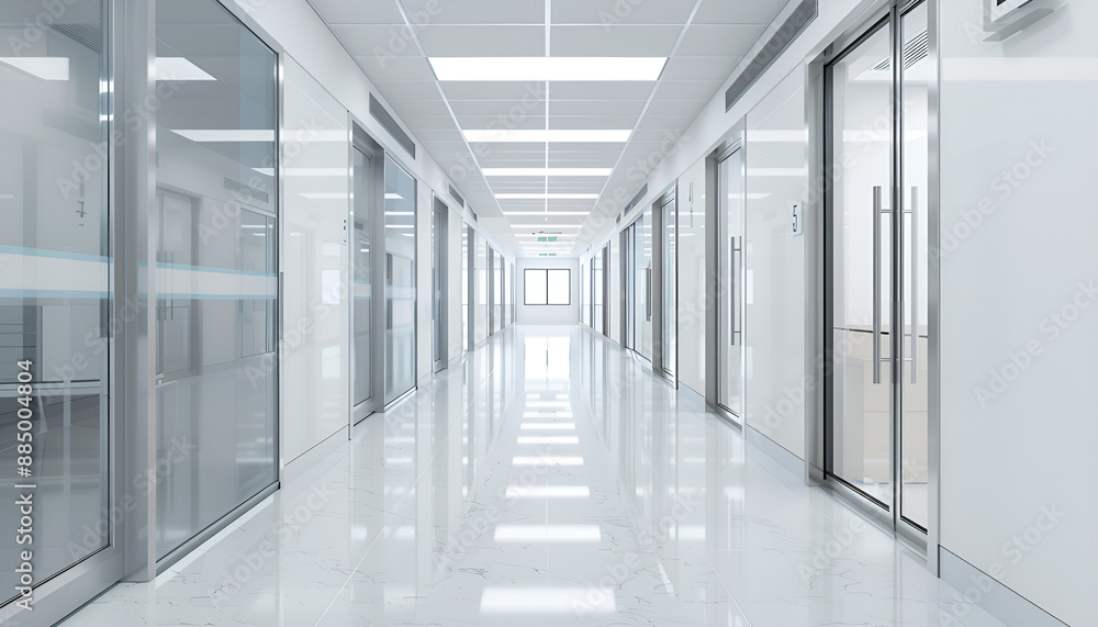 Empty clean hospital hallway with glass doors Empty clean hospital hallway with glass doors