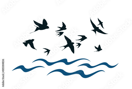 The blue sea symbol with flying birds.