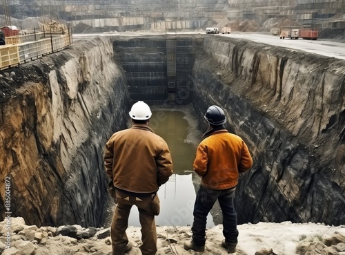 Workers in the open pit of a coal mine. View from above.