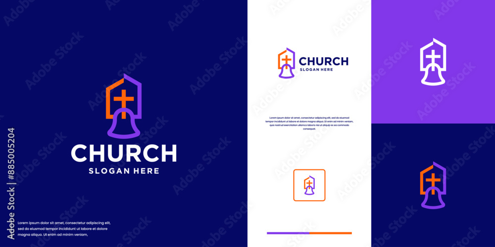 Fototapeta premium Cross logo with house of worship and church bell concept, logo design vector.