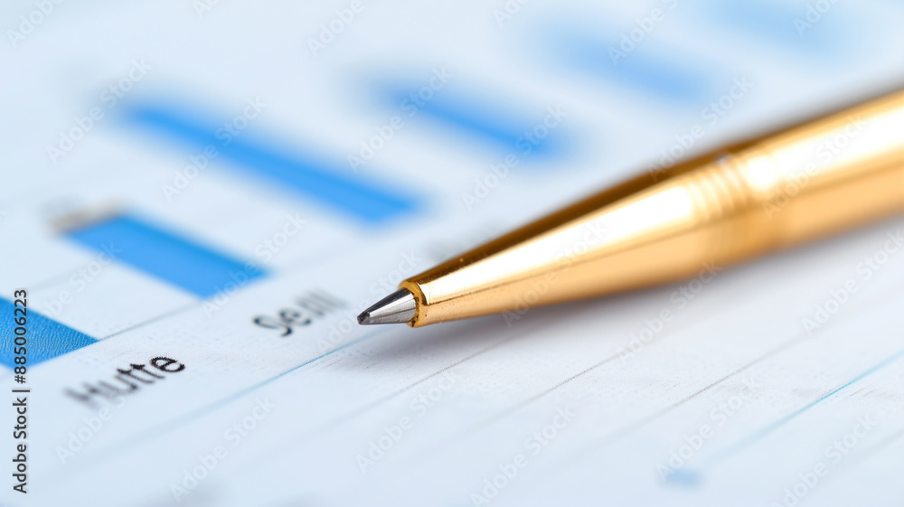 Close-up of a golden pen resting on a financial report with blue bar charts and data.
Close-up of a golden pen resting on a financial report with blue bar charts and data.