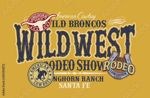 American cowboy wild bucking horse western rodeo vintage vector print for boy kid t shirt with embroidery patches grunge effect in separate layers