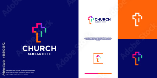 Christian cross logo with colorful abstract style, fun, joy, logo design vector.