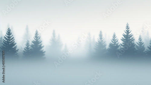 Serene view of a misty pine forest in the early morning light, with trees fading into the foggy background. 