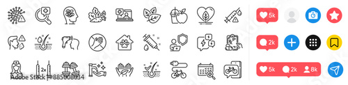 Dont touch, Medical calendar and Fair trade line icons pack. Social media icons. Coronavirus vaccine, Electric bike, Organic tested web icon. Vector