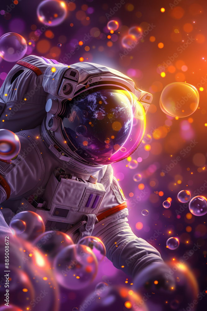 Astronaut Floating Among Colorful Bubbles Astronaut Floating Among Colorful Bubbles
