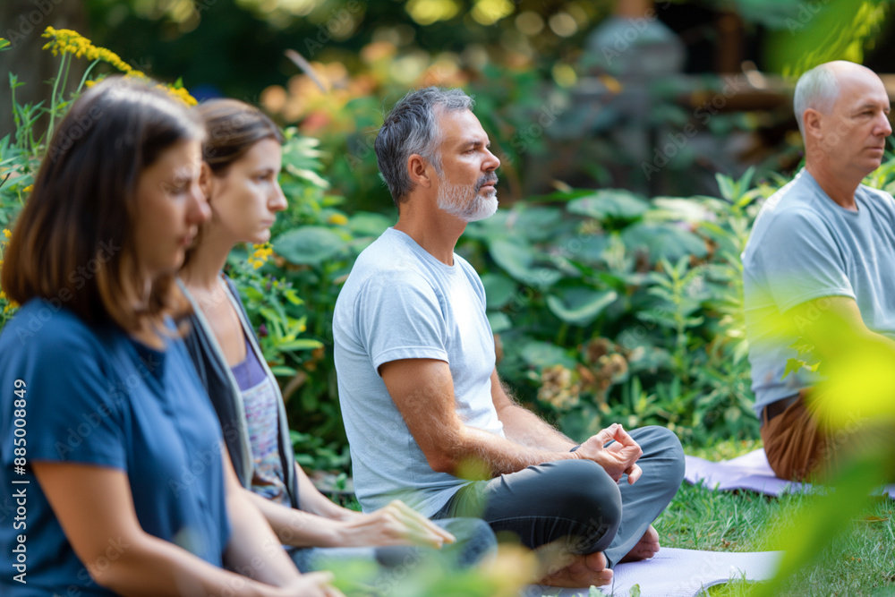 Photo of yoga class group in garden Photo of yoga class group in garden