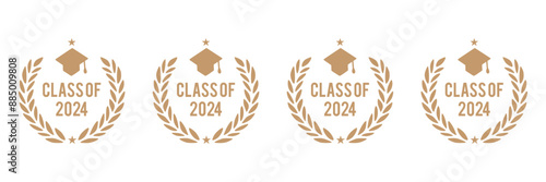 Set of class of 2024 graduation award emblem design template isolated in white background, graduation cap with laurel wreath in gold color