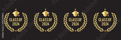Set of class of 2024 graduation award emblem design template isolated in white background, graduation cap with laurel wreath in gold color