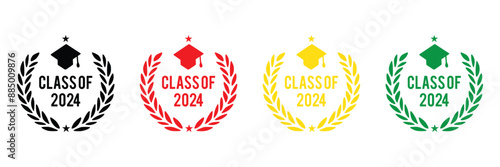 Set of class of 2024 graduation award emblem design template isolated in white background, graduation cap with laurel wreath in gold color