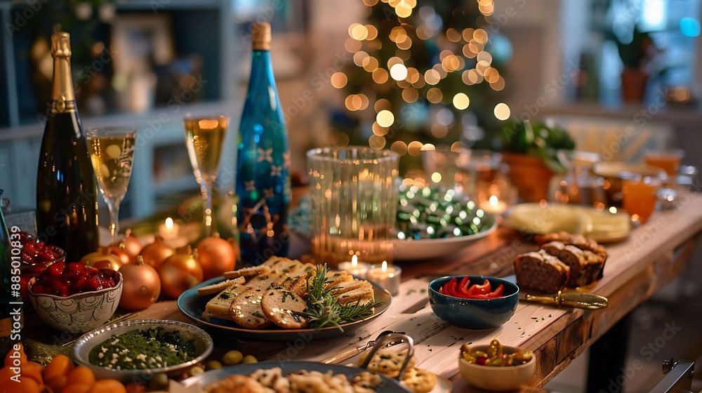 a festive Hanukkah party setup decorations food drinks. a festive Hanukkah party setup decorations food drinks.