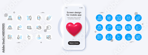 Phone mockup with 3d heart icon. Inclusion, Repairman and Online auction line icons. Pack of Award app, Chat app, Shift icon. Photo studio, Touchscreen gesture, Business results pictogram. Vector