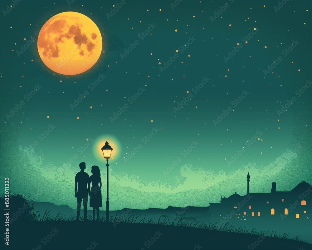 Romantic Couple Silhouette Under Full Moon Night Sky - Starry Night Illustration Romantic Couple Silhouette Under Full Moon Night Sky - Starry Night Illustration